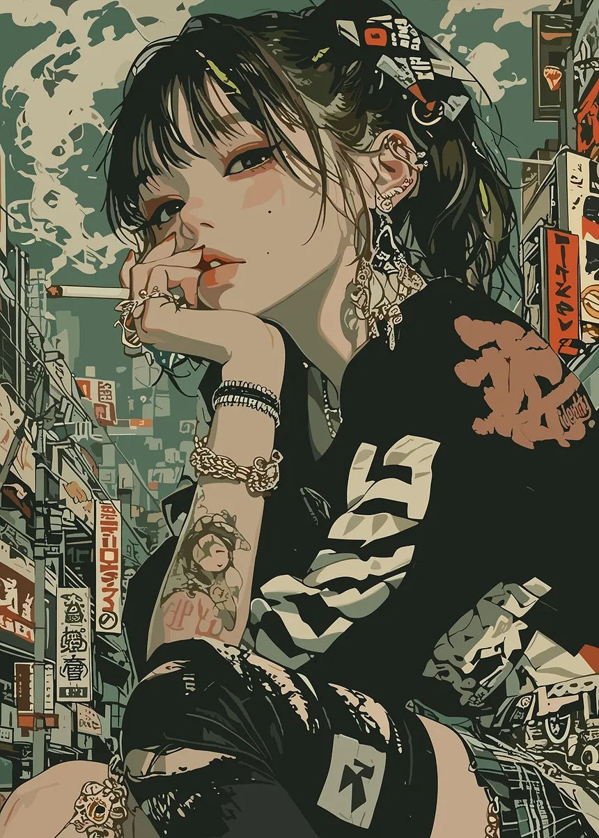 Anime Girl in Urban Setting metal wall art